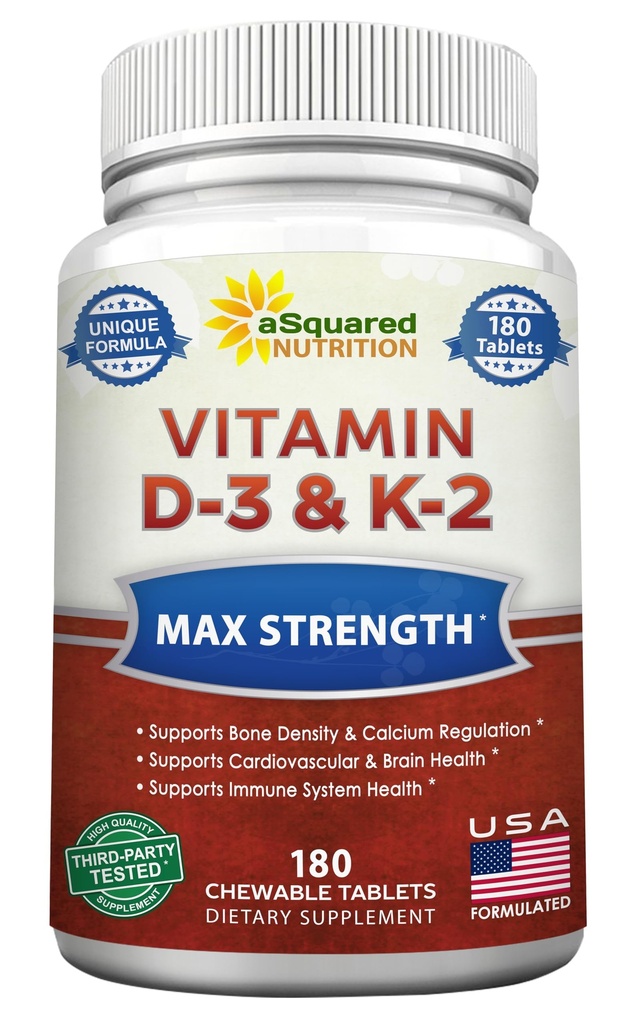 aSquare 营养维生素D3 配有 K2 补充-180 可切片, 最大强度 D-3 Colecalciferol 和 K-2 MK7 支持健康骨骼,牙齿,心脏 - 抗氧化剂 D3 和 K2 MK-7 能量配方成人