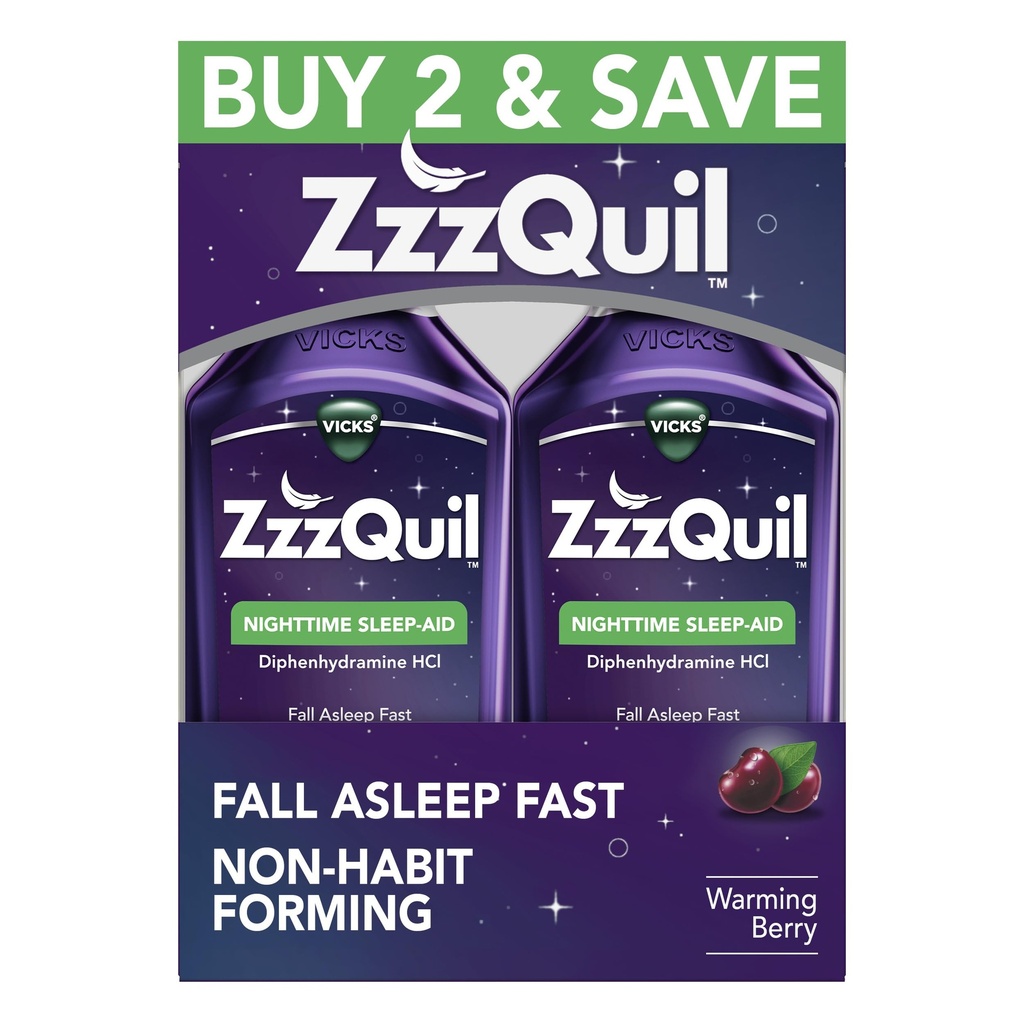 ZzzQuil,睡眠援助,夜间睡眠援助液体,50毫克二苯胺HCl, Fall Asleep Fast, Non-Habit Forming, Warming Berry Flavor, 12 FL OZ (Pack of 2)