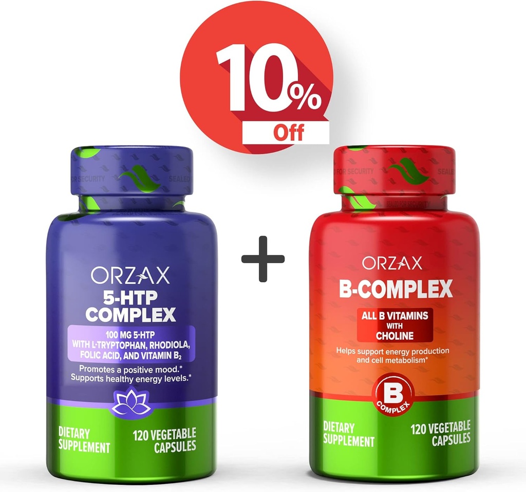 ORZAX 5 HTP 复合体 100 Mg 120 Vegable Capsules 和维生素B 复合体,带有Choline和Inositol的B 维生素 120 Capsules, Bundle