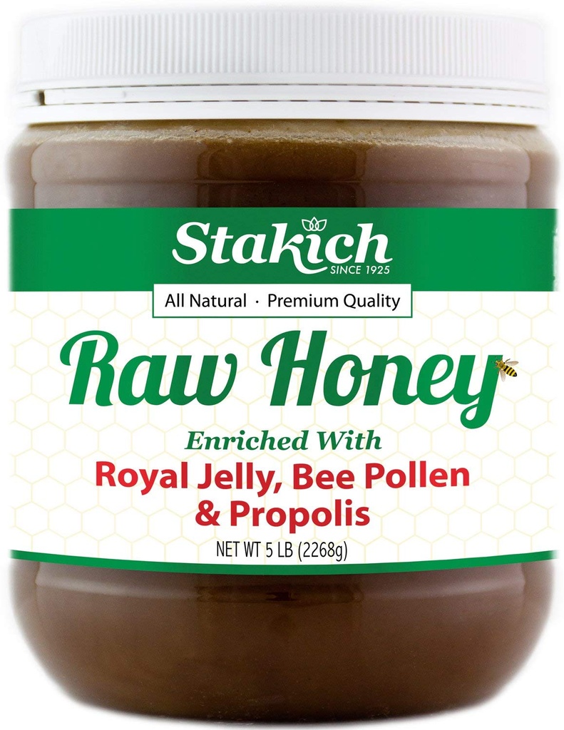 Stakich Royal Jelly, Bee Pollen, Propolis 浓缩的原始蜂蜜 - 纯,未加工,未加热 - 5英镑(80 Ounce)