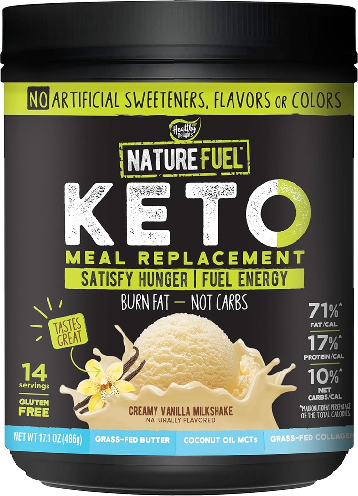 天然燃料 Keto 食品替代粉剂 - 用椰油MCTs和草油制黄油免油剂 - Creamy Vanilla Milksshake - 14种服务 - 餐饮友好型,17.1 Fl Oz