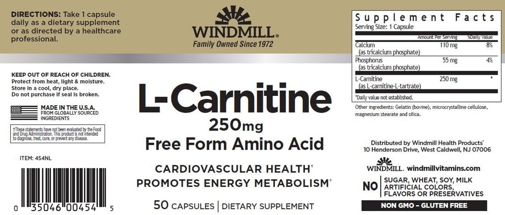 风车L-Carnitine 250 mg 卡普尔 50 计(3 包)