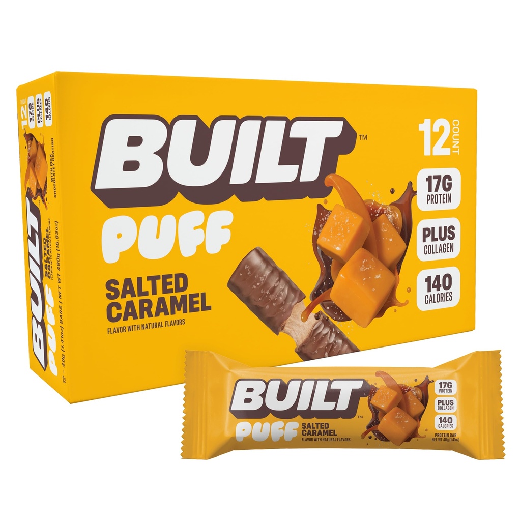 建造了酒吧, 普夫蛋白酒吧, 盐酸焦糖Puff, 17g蛋白小吃, On-The-Go酒吧, 仅140 Calories, 6g Sugar, Collagen, Gluten Free, 12 Count