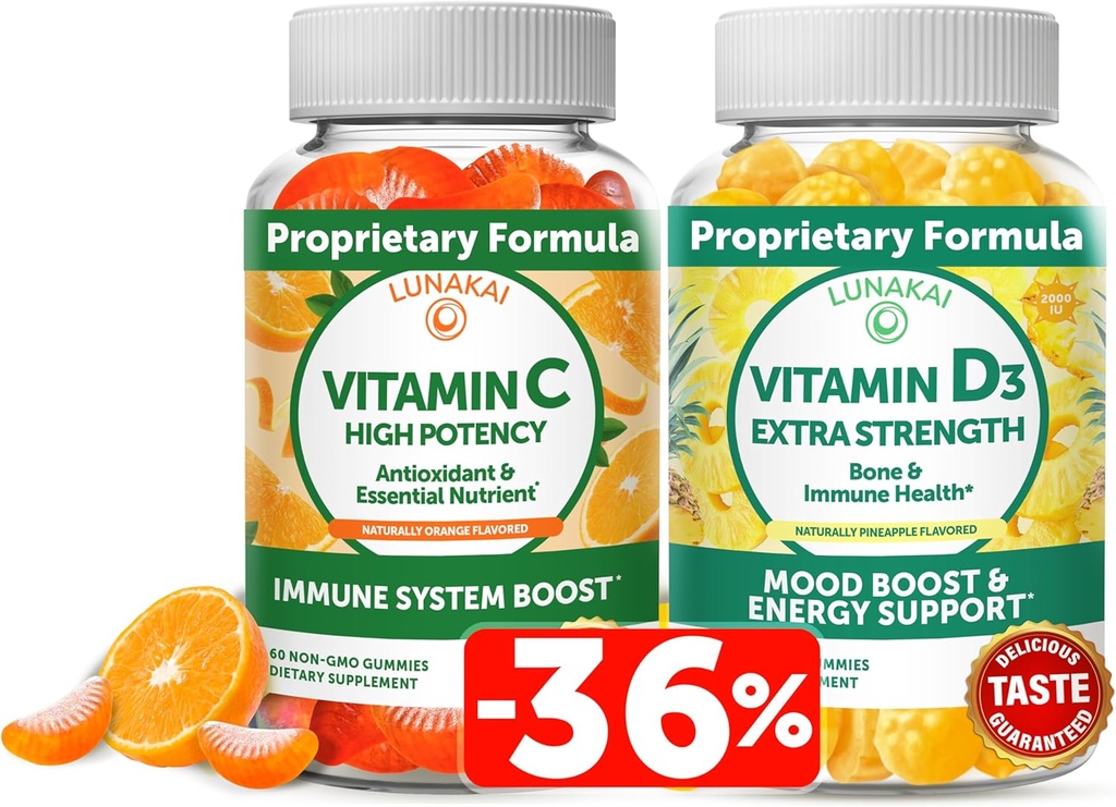 Lunakai 维生素C和维生素D3 Gummys Bundle - 300mg Organic,非GMO,Vegan Chewable Gummy - 成人豁免、骨骼和木质支持补助