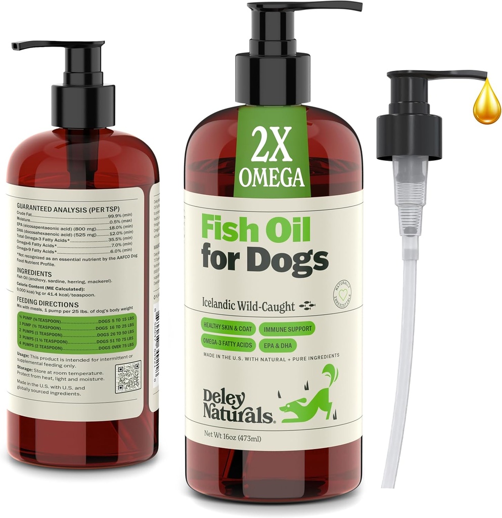 Deley Naturals Cog Fish Oil 冰岛语 2X Omega - 狗痒皮肤减轻症 与Omega 3 6 9 过敏性病, Coat & Heart - Omega 3 鱼油 狗皮刺激症 - 16oz Omega Omega Oil for Dogs Making in America