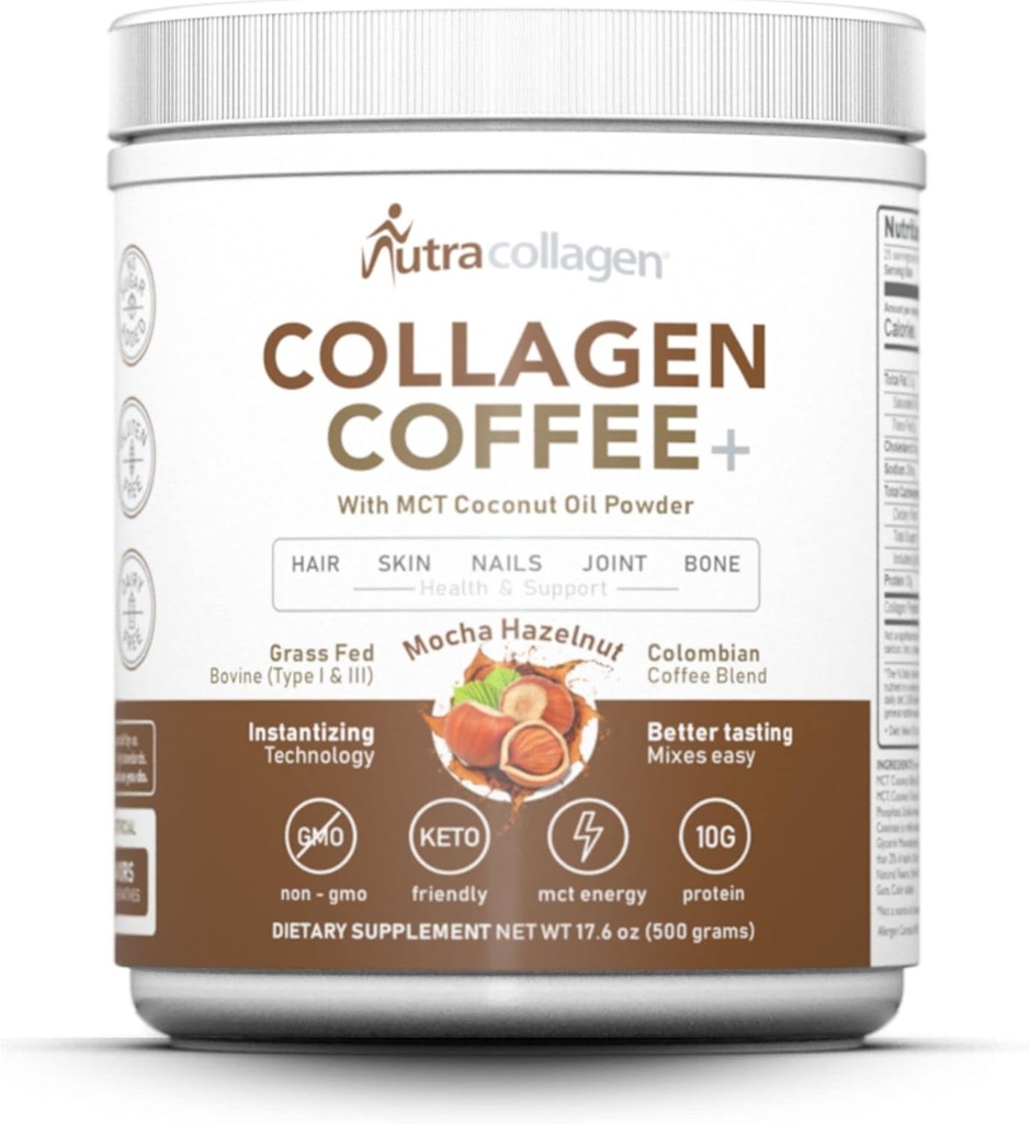 NUTRACOLLAGEN Peptide Powder with Premium Columbian Coffee; Grass-Fed; Keto Friendly, MCT椰子油粉, 豆类自由, Gluten Free, 糖类自由, 40mg Cafeine/SVG; Mocha Hazelnut 25 服务