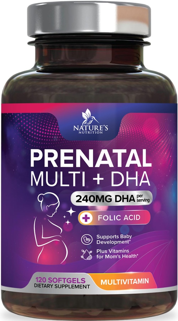 含叶酸和DHA的产前维生素、含Folate和Omega 3's的胎儿脑发育支持、妇女的产前多维生素、维生素A、C、D、B6、B12和Iron、妊娠补充120软胶