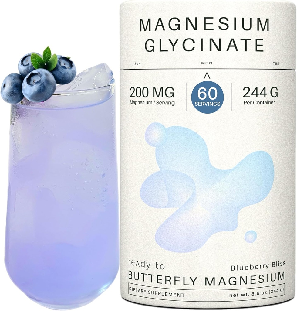 甘油酸镁 粉末 200mg | 高吸收 Chelated Bisglyclint with Organical Butterfly Pea Flower | 支持压力缓解, 冷静和睡眠 | 8.6 oz, 60 服务