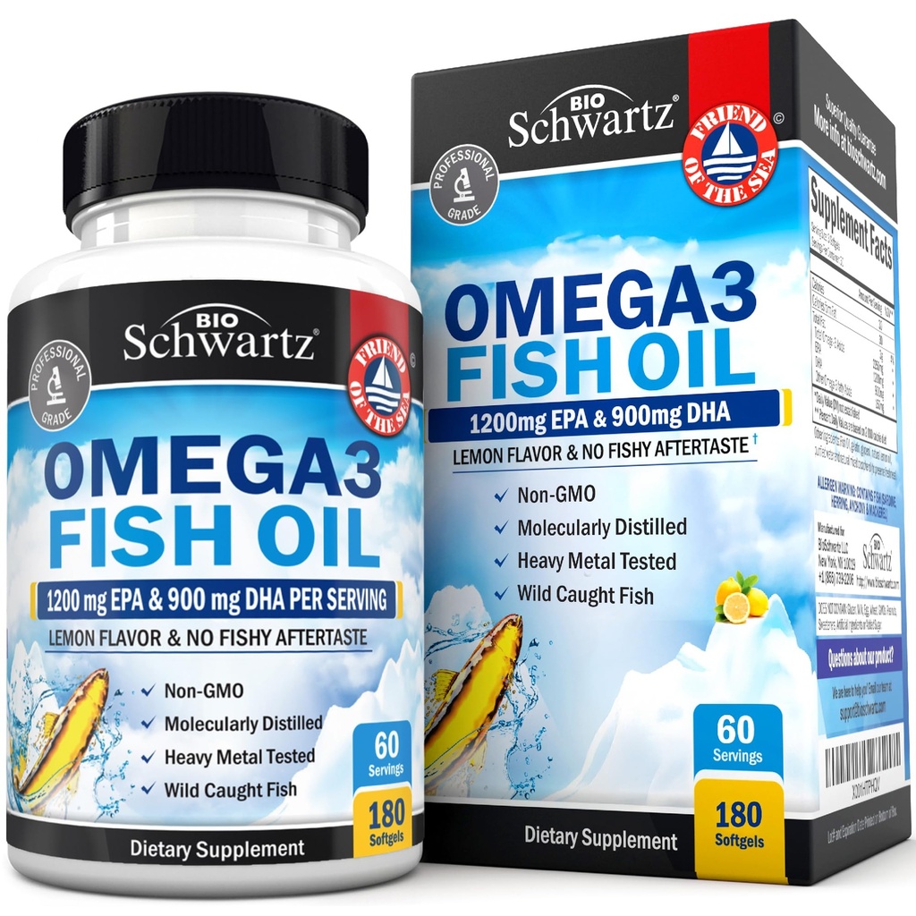 三强Omega 3 鱼油补充剂 - 2250mg EPA DHA Omega 3 新鲜野生捕捉鱼的脂肪酸,Burpless Lemon Flavor公式支持眼部健康和更多,Gluten Free,180软胶