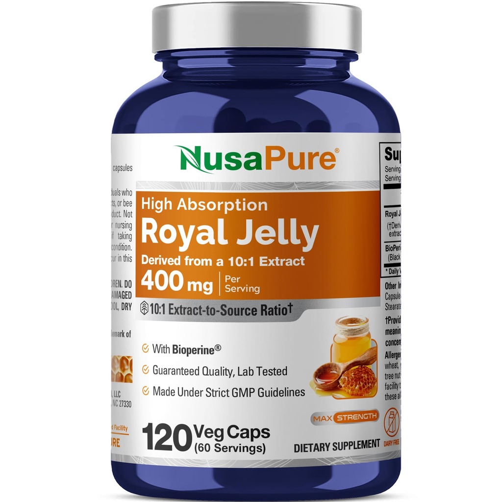 NusaPure Royal Jelly 10:1 提取物,400 mg 等重至4000mg - 120 Veggie Capsules (非GMO, Gluten Free, Bioperine)