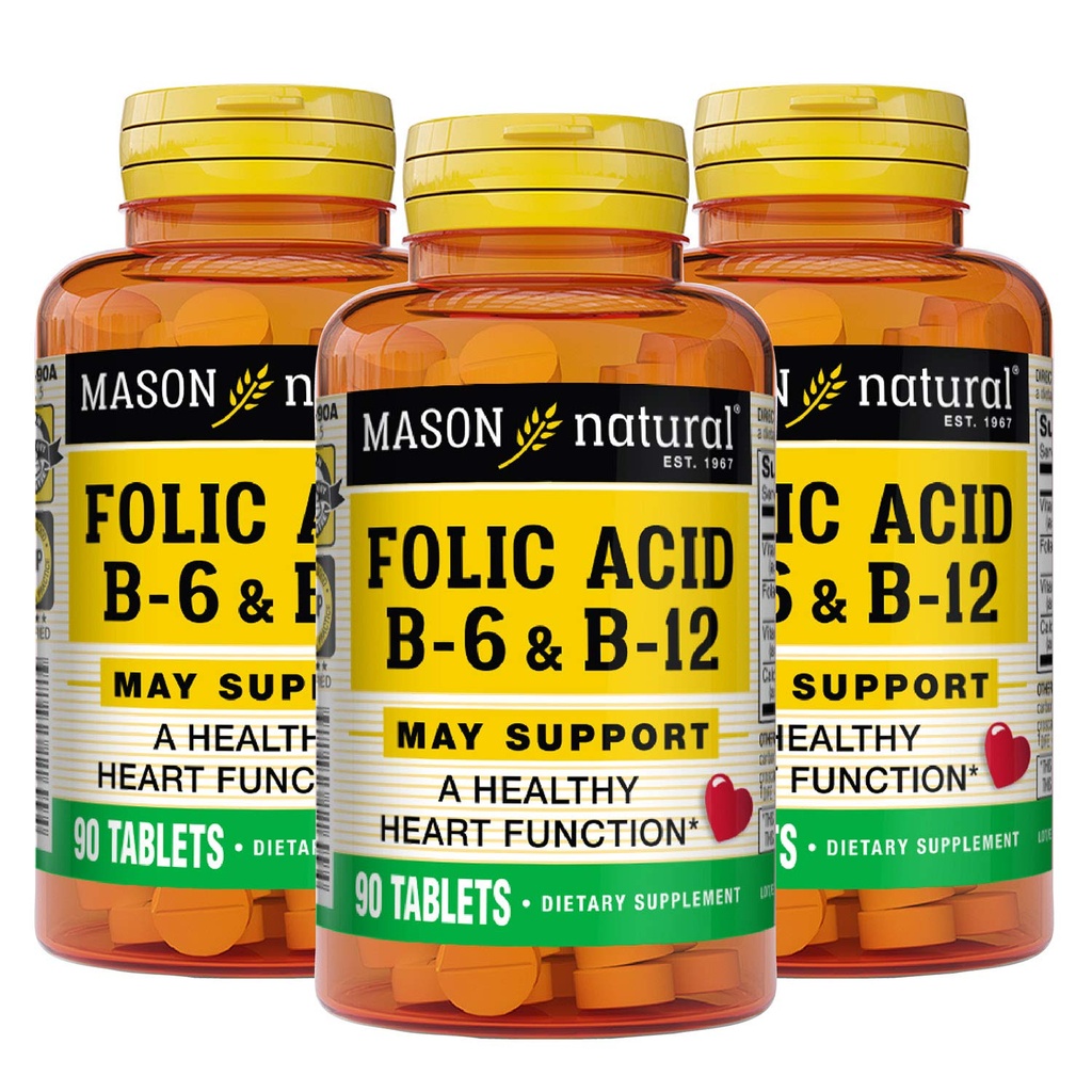 MASON NATURAL Heart Formula B6/B12/叶酸片,饮食补充支持心血管健康,红血细胞形成,Metabol函数,90 Counter (Pack of 3).