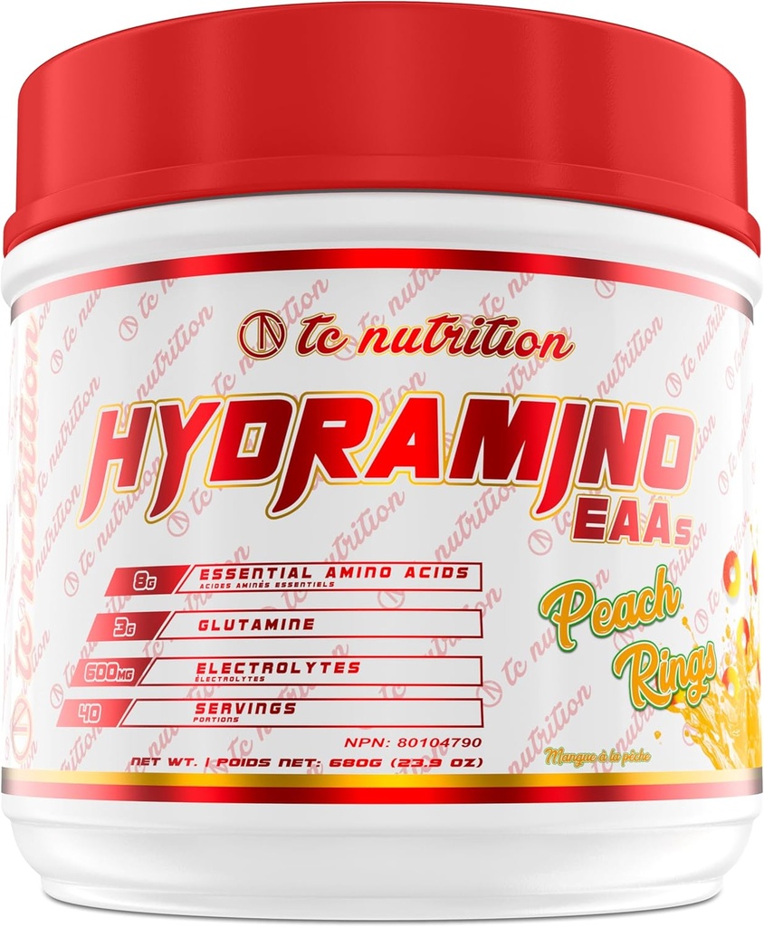 Hydrimino EAA + BCAA 粉末 - 40 services - 基本氨基酸补充剂和电解药粉,用于恢复,强度,和水分,7g BCAAs,8g EAAs,600mg 电解剂(Vegan,桃环)