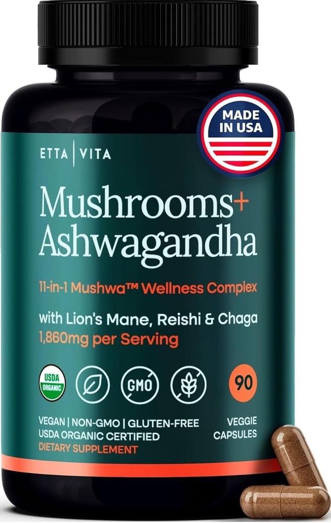 USDA 有机狮子 Mane Supplements 配有 Ashwagandha, Chaga, Reishi, Cordyceps, Turkish Tail (18 600mg/serv) 10x 适应性蘑菇综合体作为焦点补充 - 能源、豁免和诺特罗比