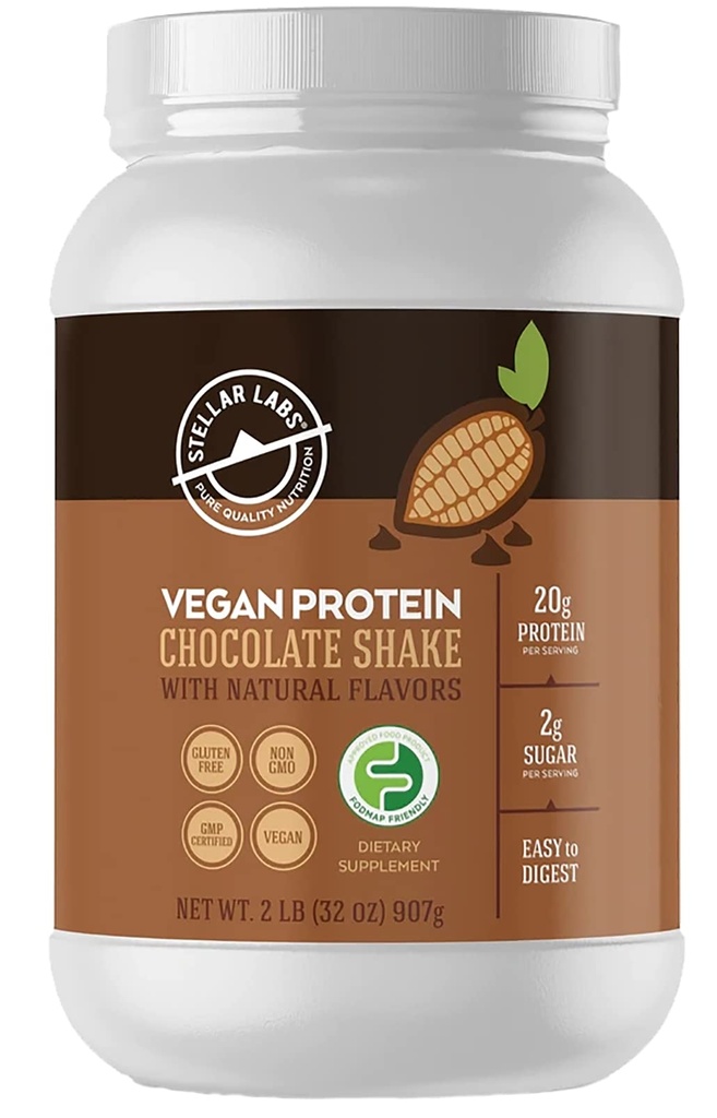 Stellar Labs Vegan 蛋白粉 配有 BCAA 和 抗氧化剂 + 认证 低FODMAP , 非 GMOO , Gluten Free, Soy Free, Low Carb 配有 Stevia | Lean 植物基蛋白粉摇摆 → 巧克力