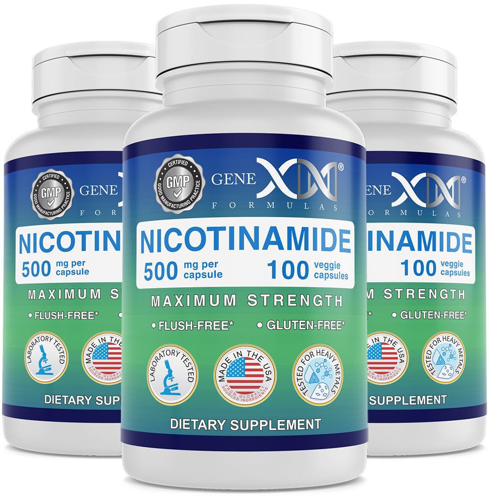 Genex Formats Nicotinamide 500mg(3-Pack) 维生素B3 Flush Free Niacin Capsules for health Skin - Niacinamide 补充药丸 帮助生产Keratin 并支持皮肤细胞健康与能源(300 Capsules)