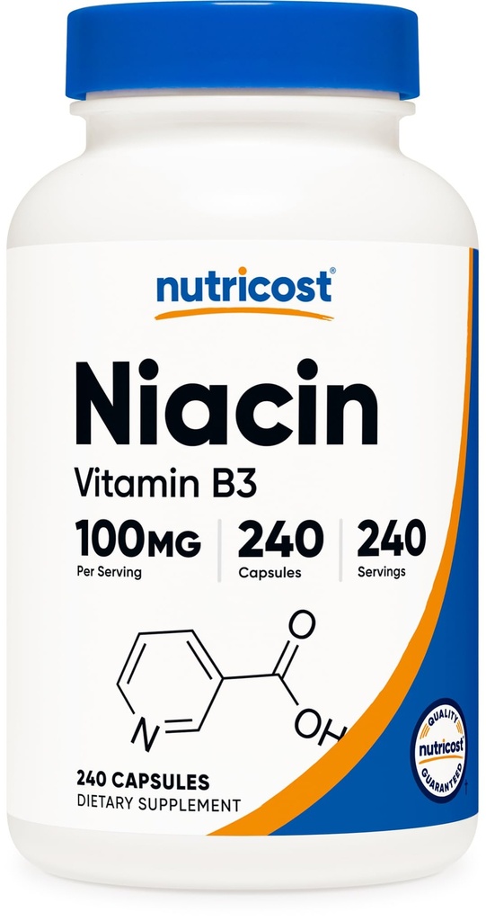 Nutricost Niacin(维生素B3) 100mg, 240 capsules - 配有 Flushing, 非GMO, Gluten Free 配音