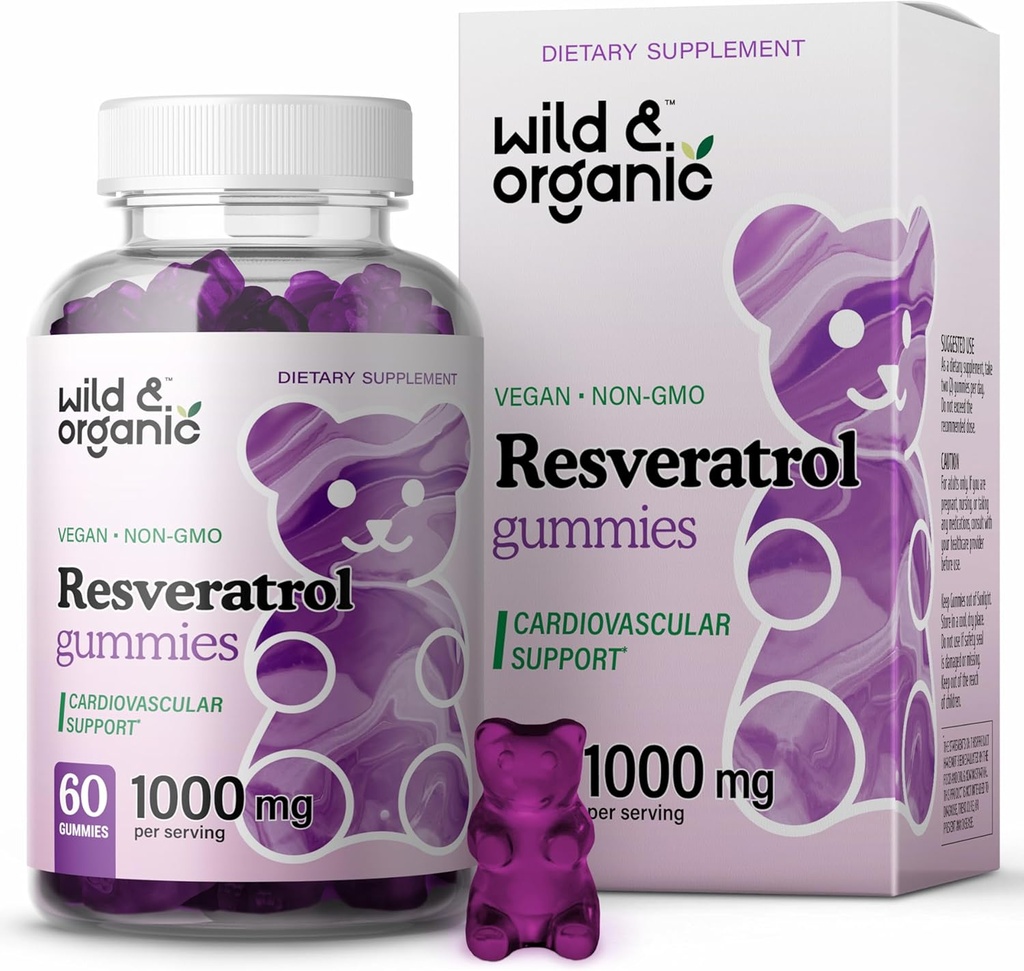 Wild & Organic Resveratrol Gummys 1000mg - 抗氧化剂,脑,免疫支持的转录Resveratrol补充剂 - 60 Vegan,非GMO 抗氧化剂 Gummys