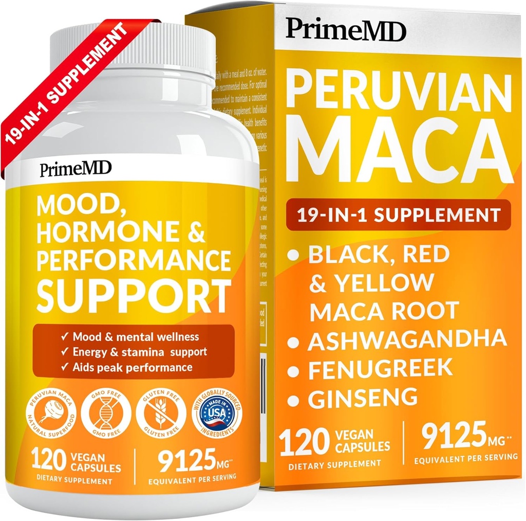 PrimeMD 19-in-1 秘鲁 Maca Root Capsules - 9125 mg Ashwagandha 配有 Maca Fenugreek 和 Ginseng 用于Mood、Hormone 和性能支持(120 Capsules)