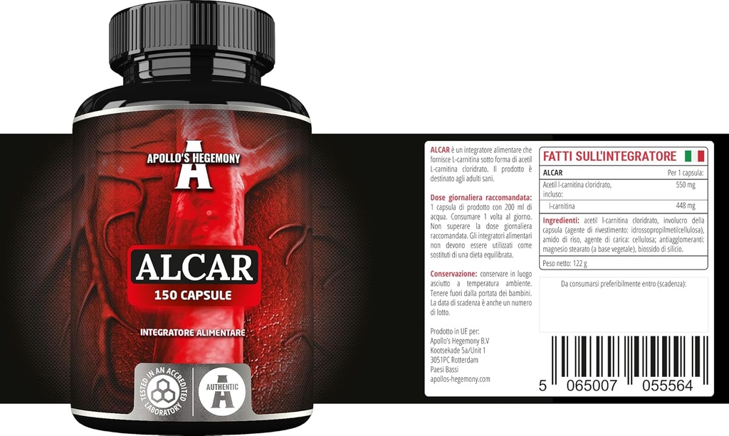 APOLLO的HEGEMONY Acetyl L-Carnitine HCL 550 mg,ALCAR 150 Vegan Capsules,5个月供应,高强度氨酸补充,支持认知功能和能量水平
