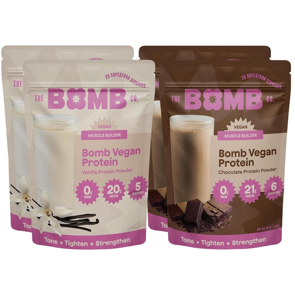 Blender Bombs The Bomb Co. Bomb Plant Protein, Chocolate & Vanilla Protein Powder with 21g Protein, Amino Acids, Zero Sugar, Pea Protein, Cocoa, Chia Seeds, Vanilla & Monk Fruit, 60 Srvgs