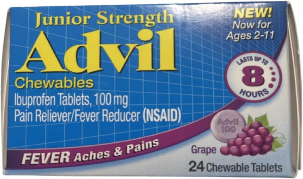 Advil Junior Chewable Ibuprofen牌匾,葡萄100mg,每块24块牌匾(四包)