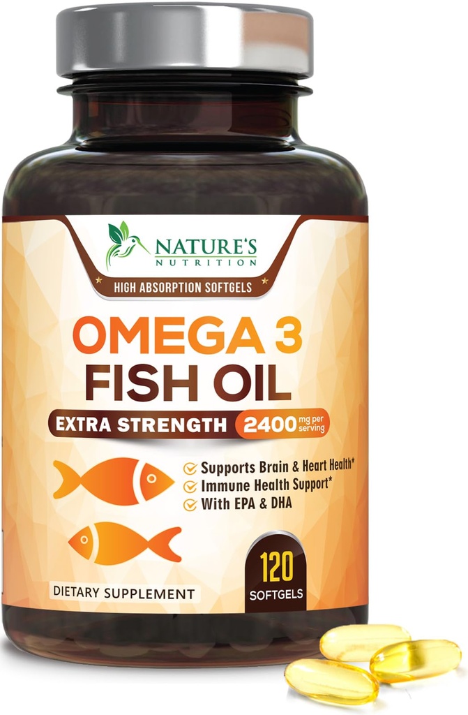 Omega 3 Fish Oil 2400 mg – 三强EPA & DHA Faty Acids for Heart, Brain & Joint Support – Wild-Caught, Burpless, Lemon Flavor Supplement – 天然,非GMO,无胶类 – 120软胶