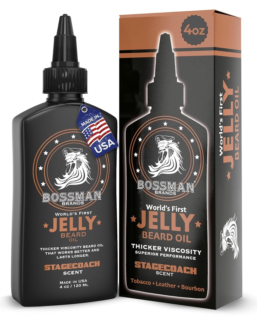 Bossman Jelly Beard Oil for Men (4 oz, Stagecoach Scent) – Softens, Moisturizes & Cates with Natural Informedities (4 oz, Stagecoach Scent) – 软体,有天然成分的软体,摩斯和条件