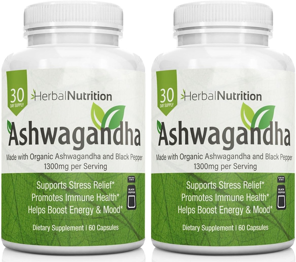 草药营养有机体 Ashwagandha 1300mg 最大强度,两瓶包装,120 Capsules+ Black Pepper 生物利用率