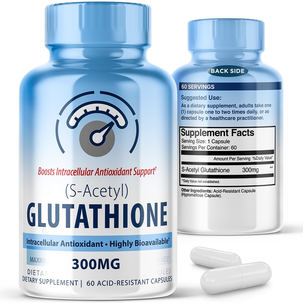 S-Acetyl L-Glutathione 300mg – 60 Acid-Resistant Capsules, 高生物利用率 S 乙酰 Glutathione 肝脏和皮肤健康补充剂, 补充抗氧化剂支持Capsules