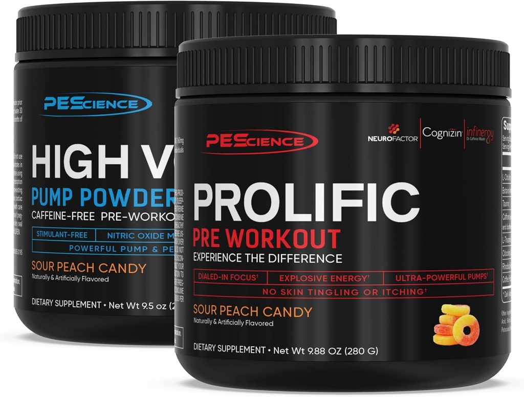 PEScience Pre Workout Stack – Prolific & High Volume,酸桃糖,硝酸氧化物助推器 – 40 & 36 Scoops, L Arginine Nitrate, L Citrulline, 男女预工作粉