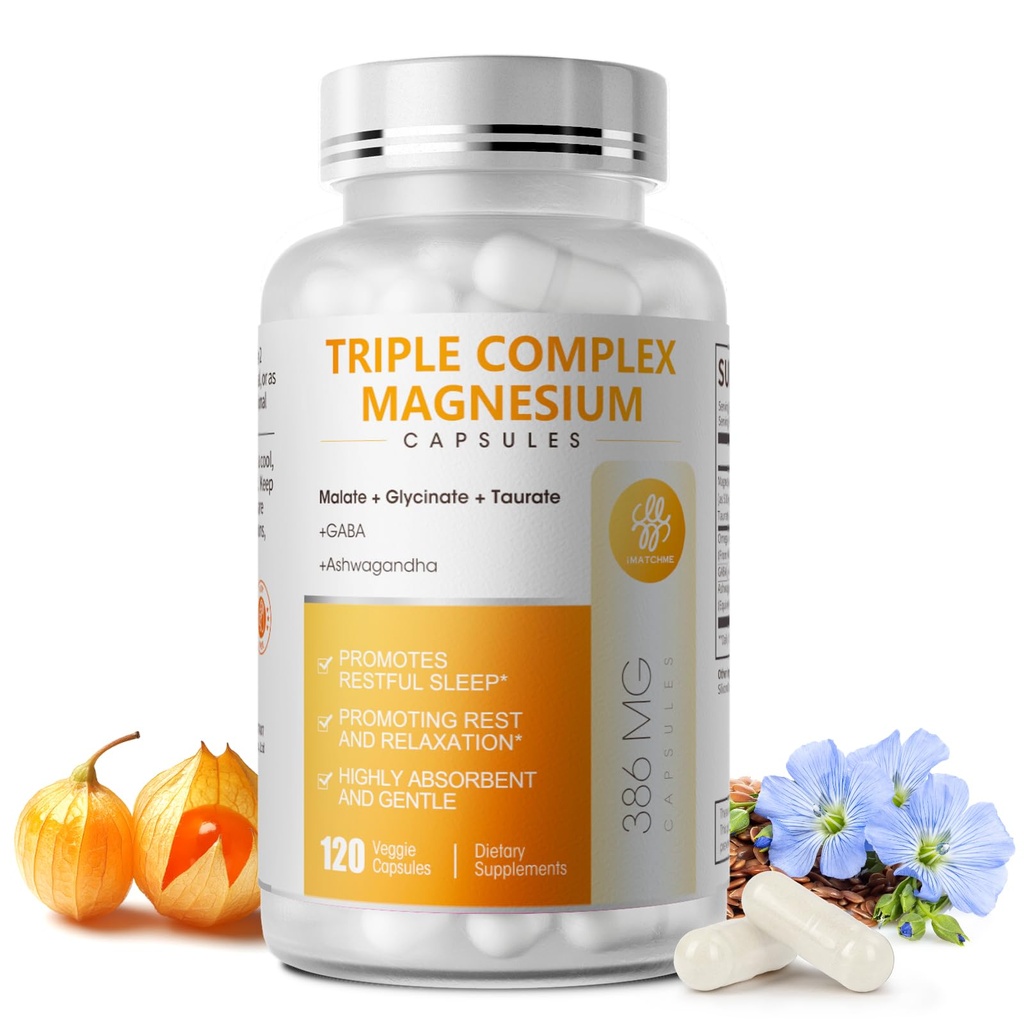 三重镁复合体 - 甘油镁、陶拉提和玛拉特配Omega3、Ashwagandha、GABA用于睡眠、脑心和肌肉支持 - 高吸收和温特尔、Vegan、120卡普尔