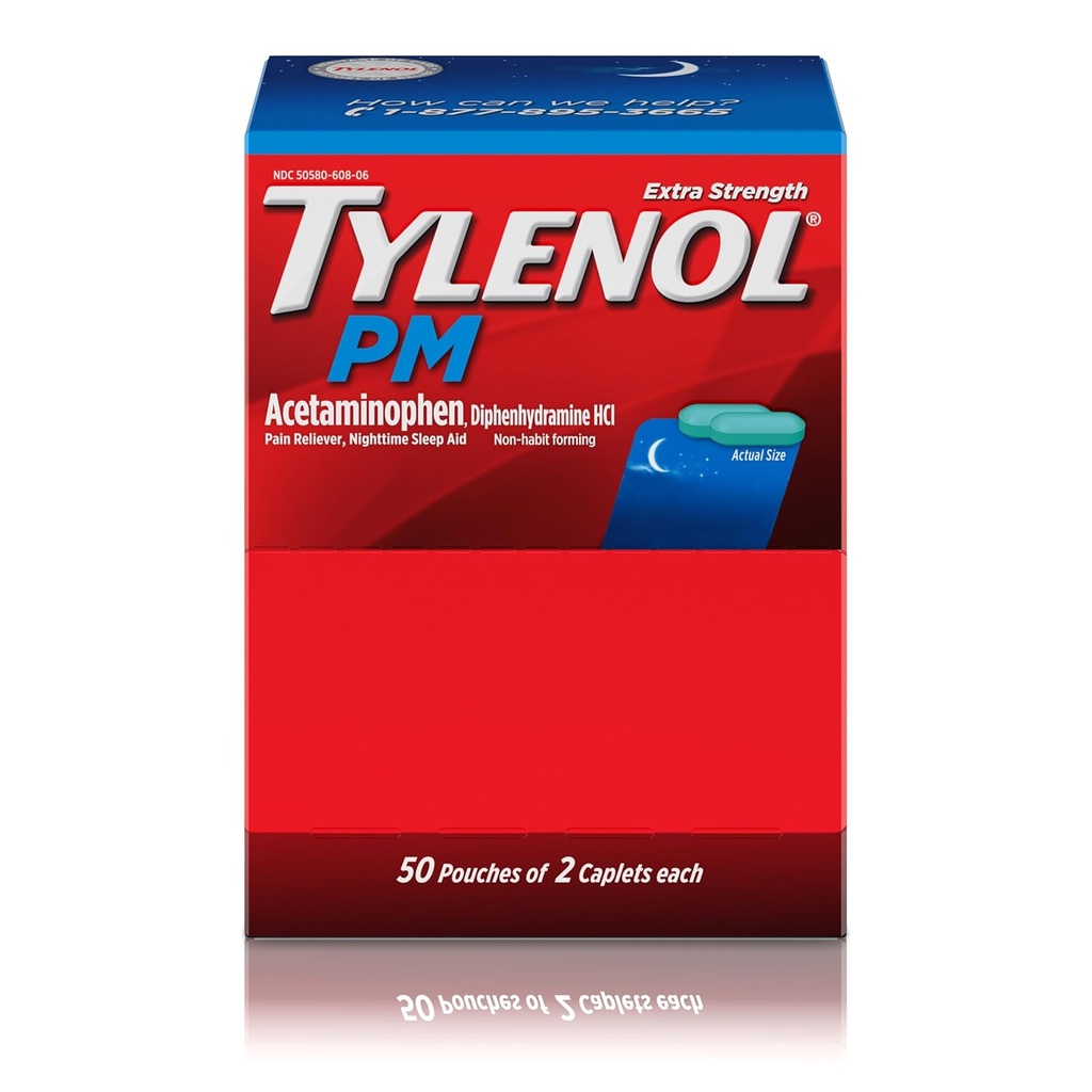 Tylenol PM 超强夜间疼痛 解脱者睡眠援助卡片 配有 Acetaminophen & Diphenhydolamine HCl, 缓解夜间疼痛和疼痛, 旅行大小, 50包2卡片