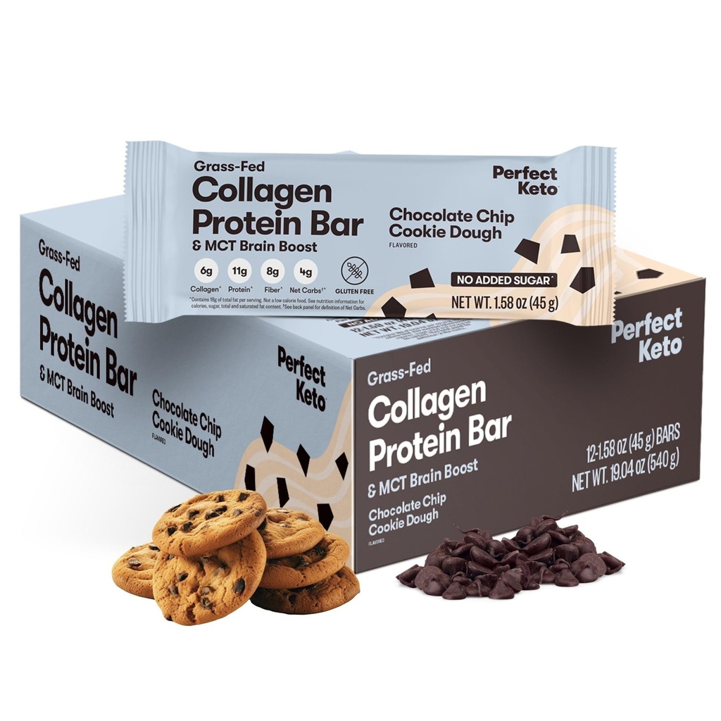 完美Collagen蛋白棒,Gluten自由草联产Collagen + MCT 油,低碳,无糖添加,高蛋白小吃,Keto饮食食品,11g蛋白,18g脂肪,3g净碳,巧克力片,12巴