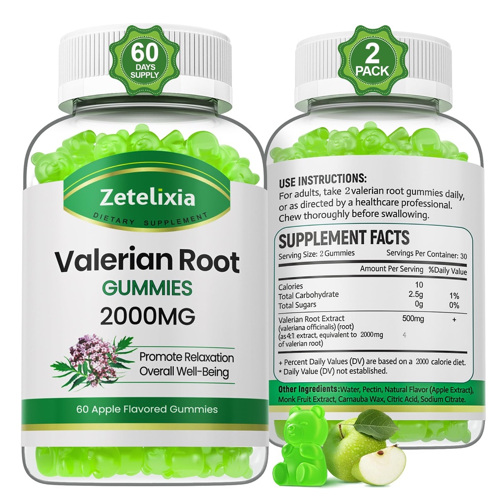 2 Pack Organical Valerian Root Gummys, 放松和Mood支持的草药补充, 成人无梅拉托宁的睡眠 Gummys, Vegan, Non-GMO, Apple Flavor, 120 Counter