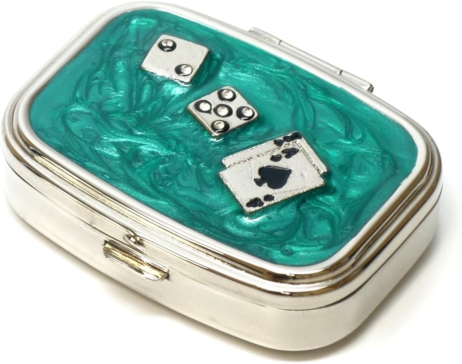 9338 矩形小药盒 组织者 Aqua Green Silver Poker & Dice 女子游玩药盒 皮囊 集装箱 便携式药品 每日维生素盒药剂 小型存储
