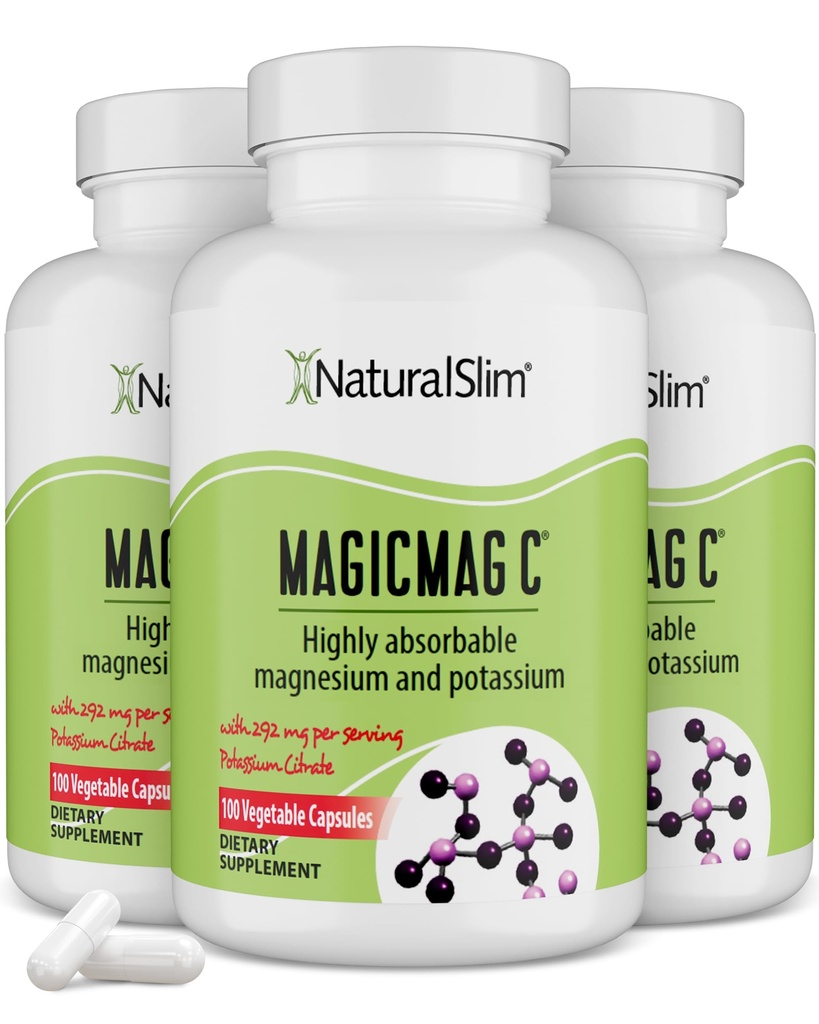 MagicMag C by NaturalSlim, Magnesium Citrate with Potassium for Muscle relax, Sleep 质素, Nerve 函数和电解质支持, Daily Magnesium Supplement for man and Women, 100 Capsules 3pk