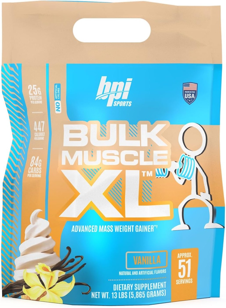 BPI Sports Bulk Muscle XL - 严重肌肉建筑与恢复高级质量增量器,25g蛋白和497卡路里 Per Service - 巧克力,13lb Bag (13lb, Vanilla)