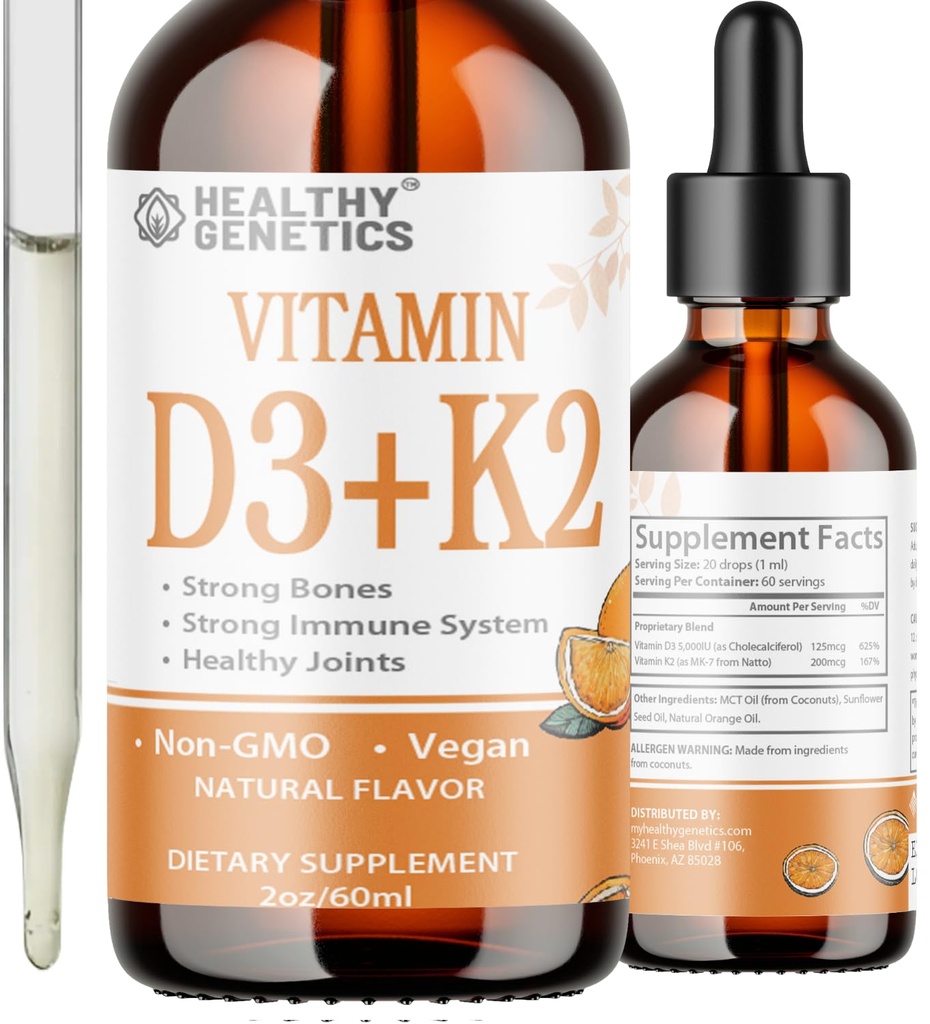 液体维生素 D3 K2 + 维生素 K2 MK-7 → 5000IU 维生素 D 液体滴 → Bones → Immune → 心脏健康 → Boost Energy 2oz
