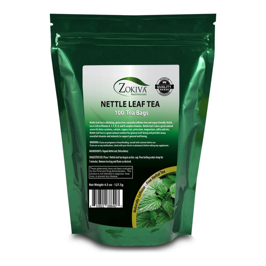 Zokiva 营养学 - Nettle Leaf Tea Bags Mega Pack - 100 Premium 质优易 有机草药茶包 - 无咖啡因和Vegan友好 在可逆的站立式Zip Lock 邮袋中