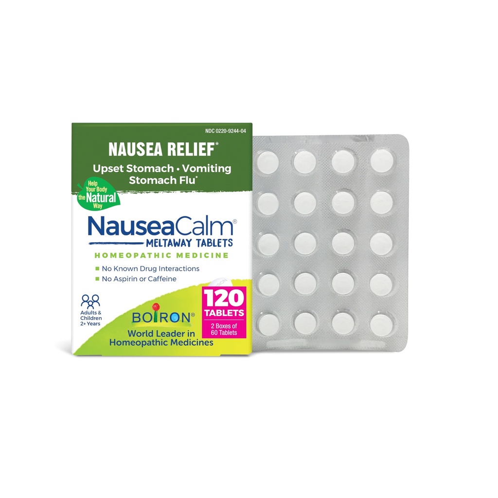 Boiron NauseaCalm Relief for Upset Stomach, Nausea, 和呕吐因胃性流感,过度疲劳, 或运动性疾病 - 非昏睡 - 120 Counter (2 Pack of 60)