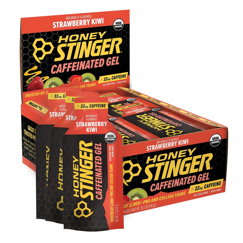 Honey Stinger Strawberry Kiwi Energy Gel, Cafeated & Gluten Free with Organic Honey, 用于运动、跑步和表演、家庭运动营养和健身、前期和中期工作,24包