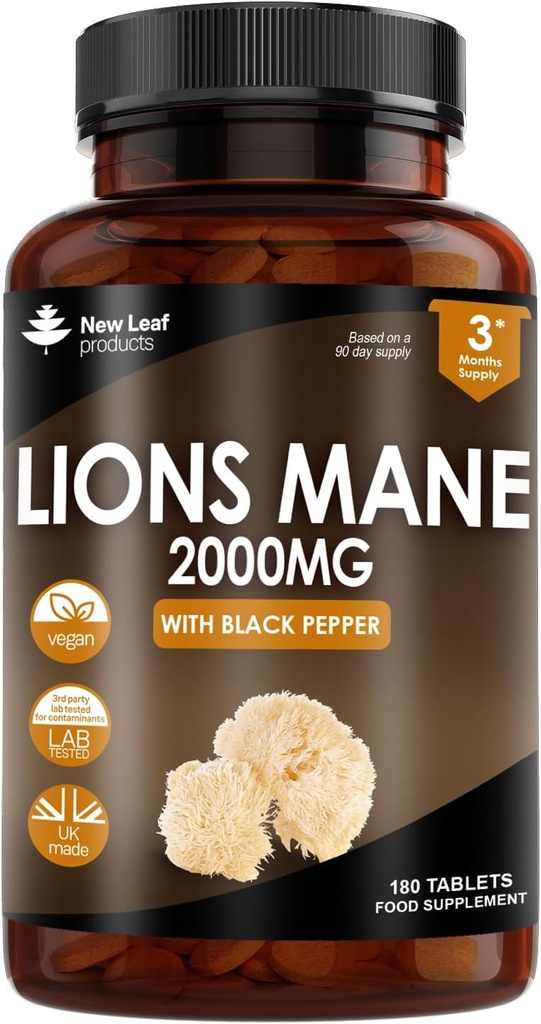 新叶制品 狮子马恩蘑菇 提取补充 2000mg - 180 高强度 Vegan 片与黑辣椒 - (不粉或卡普尔) 在英国制造