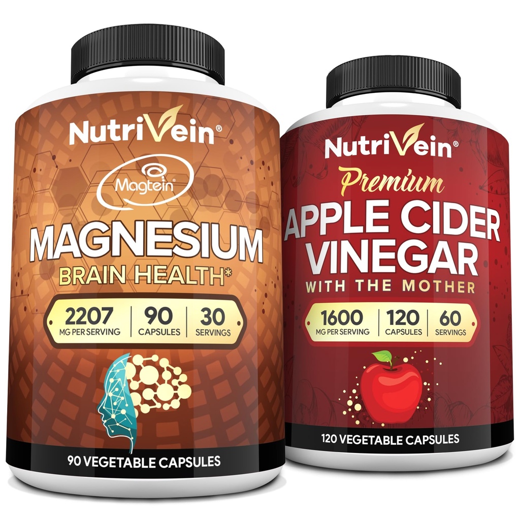 Nutrivein Premium Apple Vider Vinegar Capsules & Magnesium L-Threonate Bundle:高吸性镁 Threonate 补充剂和苹果苹果苹果公司Vinegar 补充剂,用于大脑,Gut,和整体健康