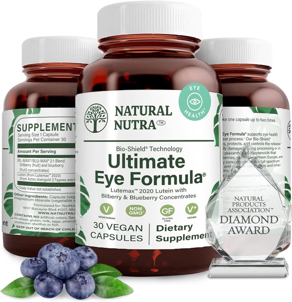 Natural Nutra Ultimate眼科健康补充 - Bilberry & Blueberry 抽取白昼和夜视支持的混合剂,促进色彩感知和眼睛清晰 - 非GMO, Vegan - 30 Capsules (Pack of 2).