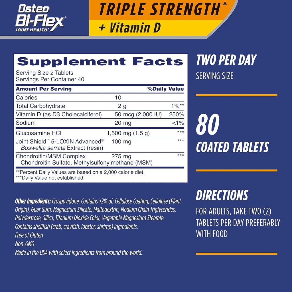 Osteo Bi-Flex 三重强度(5),配有维生素D Glucosamine Chondroitin 联合健康补编,合肥板块,80 Counters (Pack of 2)