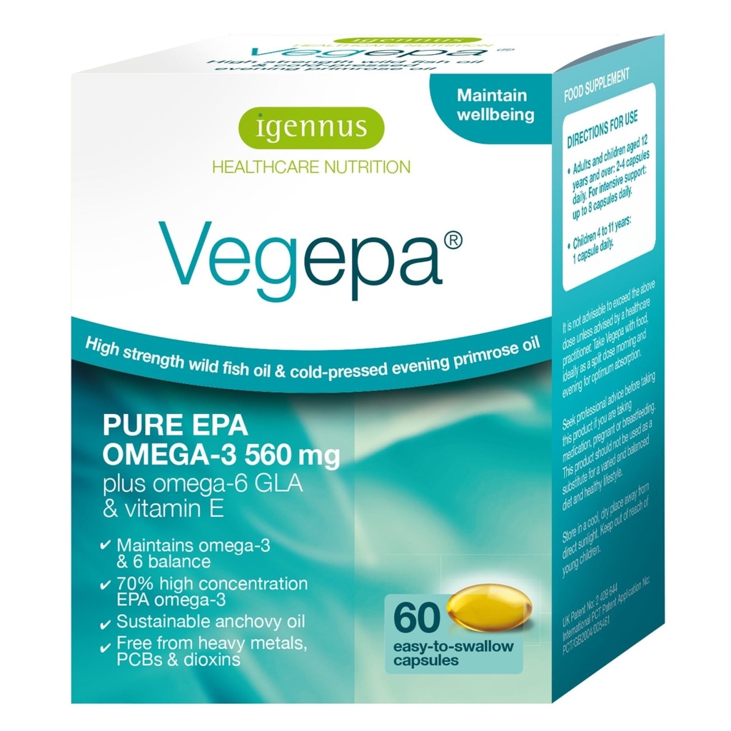 Igennus Vegepa Omega 3 野鱼油和晚间Primrose油混合剂,560 mg EPA + GLA,60 小软胶