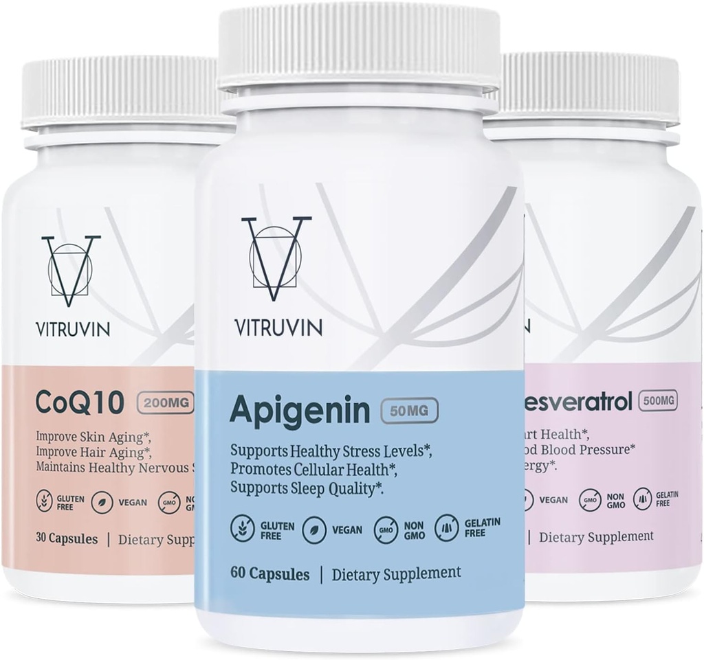 维特鲁文运动恢复(Apigenin 2 x 50mg,COQ10 200mg,Resveratrol 500mg) Vegan,Non-GMO,Gluten-Free,Gelatin-Free.