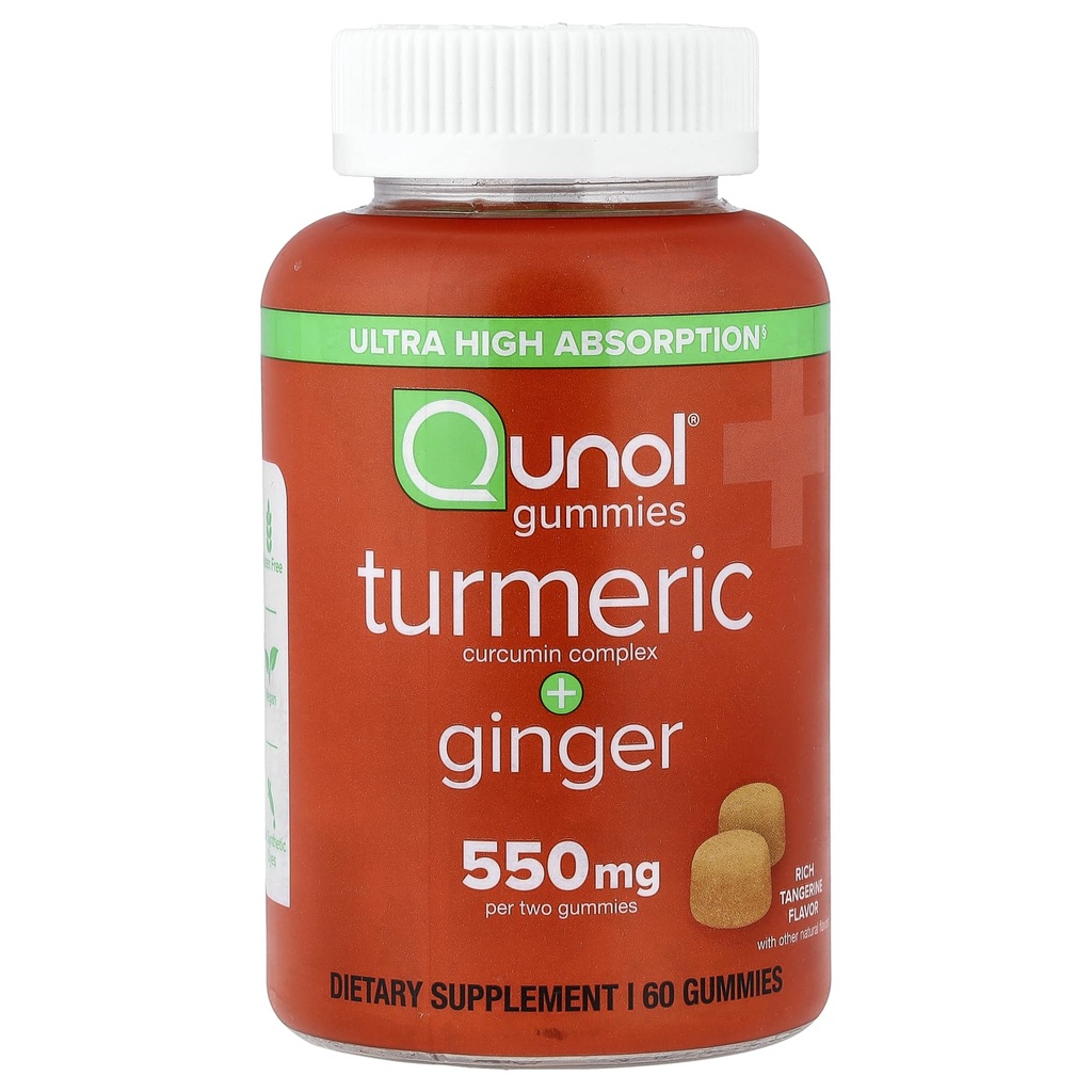 Qunol Turmeric 和 Ginger Gummys, Gummy 配有 500 mg Turmeric + 50 mg Ginger, 联合支持补充 超高吸收 Tummeric 和 Ginger, Vegan, Gluten Free, 1个月供应 60 ct Gummeries