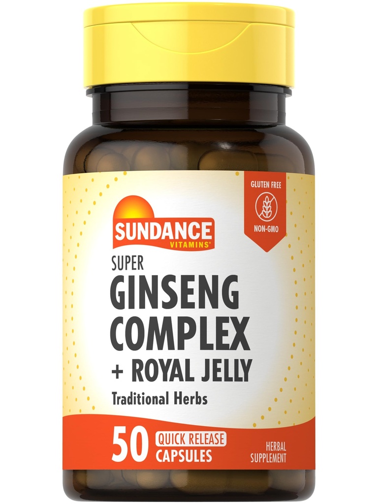 Sundance Super Ginseng Complex 与皇家Jelly QQ 50 快速发布 Capsules QN-GMO 和 Gluten 自由传统草药补充