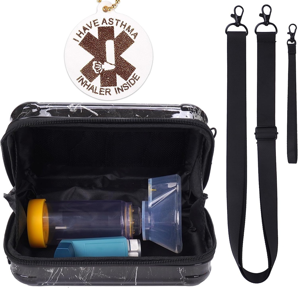 MGZNMTY 携带Asthma Inhaler、儿童与成年人的Inhaler Spacer、Masks、带肩架的Holder Bag和医疗袋(仅案例)(黑色大理石)